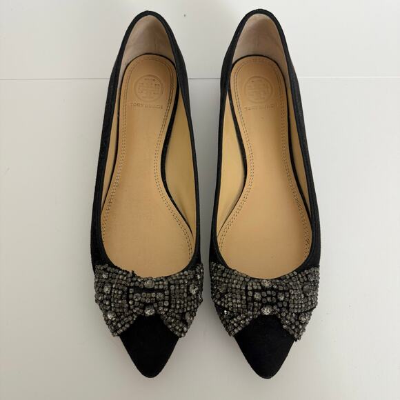 Tory Burch Vanessa Suede Rhinestone Bow Flats Sparkly Crystal Black US 8M - Picture 2 of 13